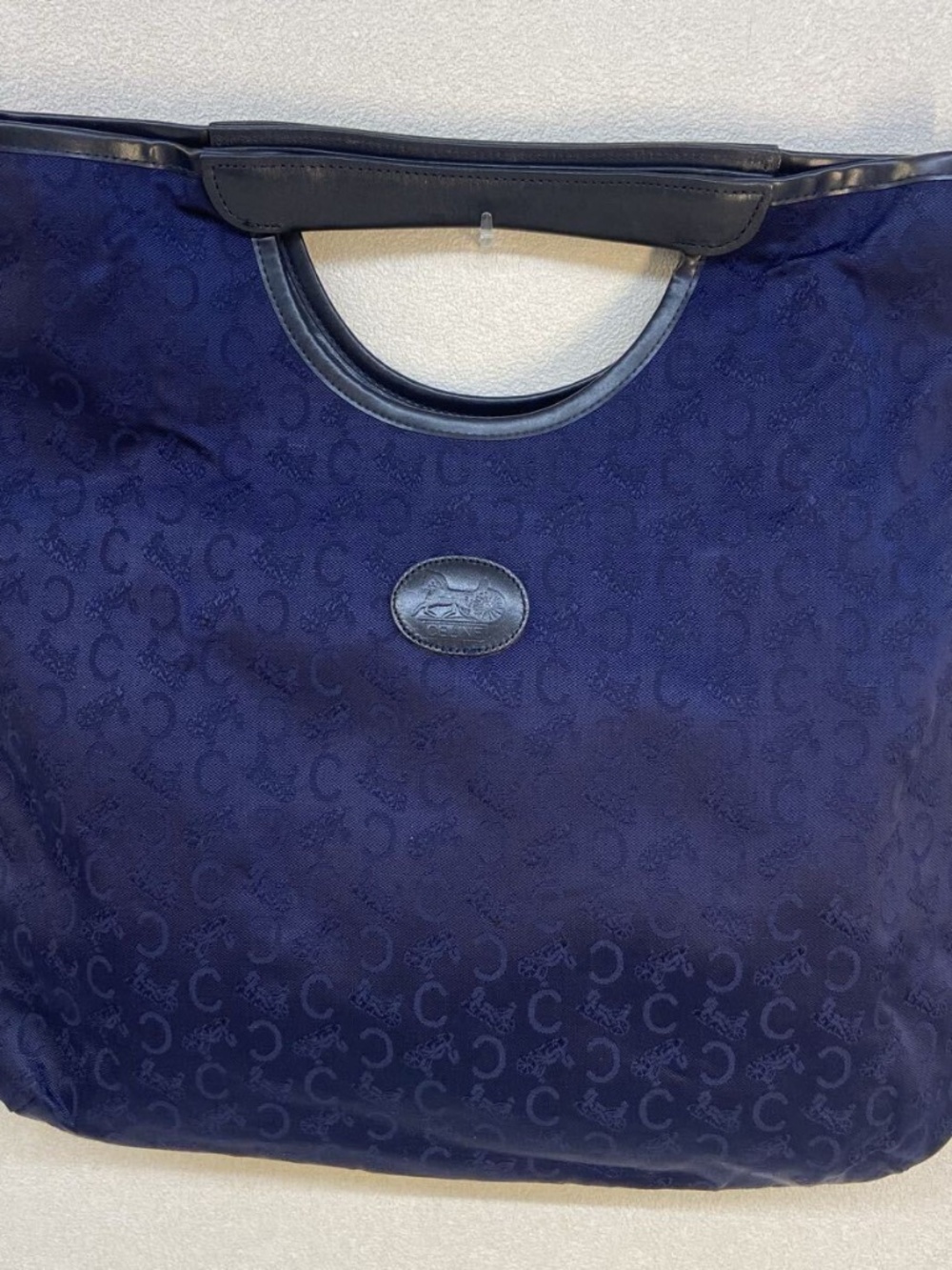 Celine Navy Blue Monogram Tote with Leather Trim